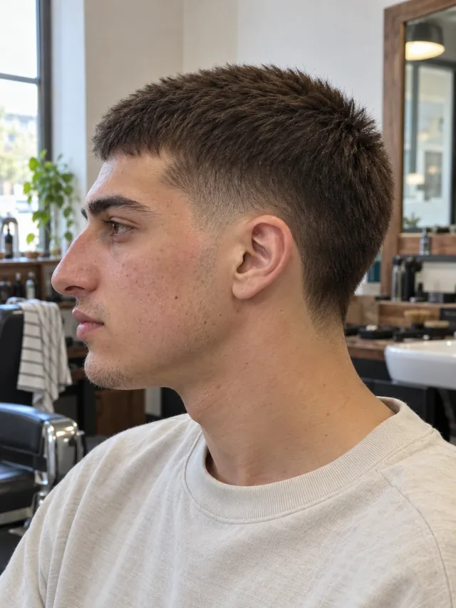 AI haircut concept: high taper with an upright brush crop, young adult left-side reference.