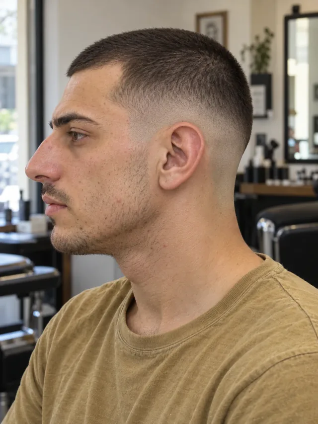 AI haircut concept: low skin fade with a tight buzz cut, young adult left-side reference.