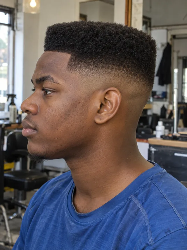 AI concept: mid skin fade with a squared flat top, left-side near-profile view.